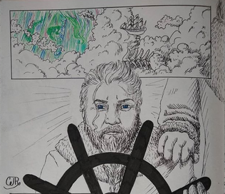 Two mostly black and white sketched panels of the airship approaching the borealis. The first panel is an aerial shot of the ship, and has the borealis illustrated in blues and greens and reds, peeking through the clouds. The ship, currently flying through the clouds with bones peeking up at the bottom. The second panel is of Zolf, a dwarf, who has a determined look on his face as he stands in front of the wheel. There is a hand on his shoulder as he stares straight ahead, but you cannot see who the hand belongs to.