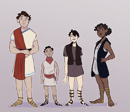 Coloured digital art of the four Roman Rogues. Riz is a tall white boy with messy ear length brown hair and blue eyes. He wears a white tunic with blue trim, a red sash tucked into a black belt, and yellow sandals. He is looking nervously to one side. Azus is a small white boy with short black curly hair and grey eyes. He wears a white tunic with a red sash around his waist, a matching kerchief around his neck, and black sandals. He is smiling, holding a dagger in one hand. Amidus is a very pale white boy with ear-length black hair that covers one of his eyes. He wears a grey tunic with a black vest and black sandals. He is looking to one side with a bored expression, his mouth open as if he’s complaining. Wilde is a Black girl with curly natural hair in a ponytail. She is wearing a white tunic with a long black vest and yellow sandals. She is smiling confidently with her hands on her hips.