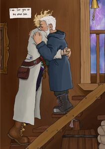 Digital art of Zolf Smith and Cel Sidebottom hugging on the stairs of the ship, with text reading "I-ah... see you on the other side...". Zolf is on higher steps while Cel is on lower, and both of them are on tiptoes as they hug each other tightly. The stairs are wooden, with barrels and mugs tucked underneath. Outside, the aurora looms, purple and blue with lightning striking. The "oh no" bell hangs right outside the entrance. Cel is a tall half-elf, with vertical wavy blonde hair, wearing a long greyish-white coat with a pack attached to their belt. They have painted nails and a bracelet. Zolf is a white dwarven man, with white hair and a white beard, a long navy coat, and a ring on his thumb.
