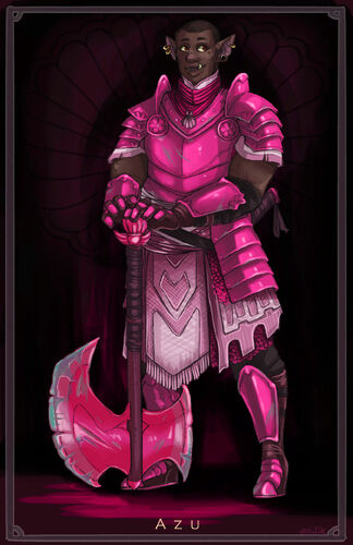 A full body drawing of Azu. Azu is a Black orc woman with dark brown skin, big ears with several earrings in each ear and a single tusk poking out from her lips. She’s smiling and looking off to the side. She’s wearing bright pink armour over her Aphrodite priestess’ robes, which are a more dull pink. In her hands and leaning against the ground is an equally bright pink battle axe, which looks weathered. The handle of yet another axe pokes out from behind her back. Around her neck is a necklace, the heart of Aphrodite, shaped like a pink clam. ‘’AZU’’ is written in golden letters underneath the drawing. The background is framed and has some clam-shaped decoration.