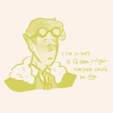 Digital art of Cel, drawn in yellow from the shoulders up. They are a nonbinary half elf with short wavy hair and a scar across their nose. They wear a cloak with fur edges over a collared shirt and tie. They are crying as they say: “I - I’m so sorry. If I’d done it right - everyone would be fine. The background is cream-coloured.