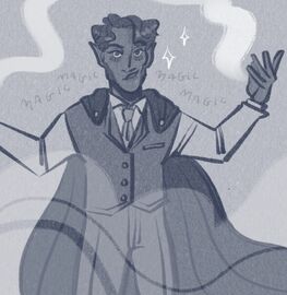 A black and grey drawing of Hamid, a halfling. He is wearing a two piece suit with a cape down his back. his arms are outstretched to the side and his mouth is turned upwards in a smirk. He appears to be shrouded in fog and the words magic, magic, magic, magic appear above his shoulders.