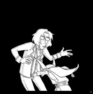 A black and white digital drawing of Wilde and Grizzop. Wilde, a human male, has medium length hair and is wearing a suit. His eyes are wide and his mouth is open. He looks like he is being pushed back. In front of him is Grizzop, a goblin male, is back facing the viewer. He is wearing leather armor and a cape. He is leaning forwards with his ears pointing straight up and his left hand is punching Wilde in the genitals.