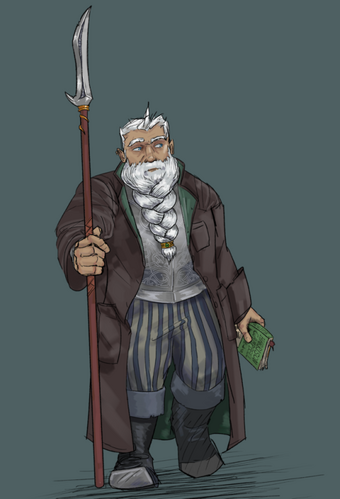Full-body art of Zolf. He's a pale-skinned dwarf with short white hair and a long, fluffy white beard in one plait that is held together by a small gold circlet with an emerald set in the middle. He's wearing a long brown raincoat, a silver breastplate with intricate designs etched into it, and a pair of striped trousers over some black boots. He's holding a green book by Harrison Cambell in one hand and a tall glaive in the other. He's leaning into it slightly as he takes a step forward, as though the weapon were a walking stick. He's looking off to the left with a neutral expression.