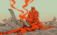 An orange and grey digital illustration of Zolf Smith finding Oscar Wilde, impaled, after the crash. Zolf is a dwarf, with short hair and a braided beard, and he is wearing a long coat. He is looking down, in shock and distress, at Oscar Wilde, a human who is laying face down with a piece of wood stabbed through his chest. There are multiple pieces of broken wood surrounding the two of them, and smoke rising in the center of the image.