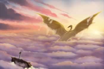 A drawing of Guivers, a gold dragon, rising above cloud cover high into the sky. Her wings are outstretched and she heads towards the sun. Behind her is a brown airship that is sailing just above the clouds.