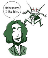 Two drawings. In front is Wilde, a human male with medium length hair. His eyes are closed and his mouth is open in a smile. There's a speech bubble above him that says: He's sassy, I like him. Behind him in the air is Grizzop, a goblin male. He is in armor with a symbol of a bow and three arrows on his chest. His mouth is open in a frown showing jagged teeth. His eyes are red and shaped like stars