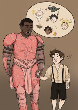 Digital art of Azu, a tall, Black orc woman, leading Howard Carter, a small, pale young boy, by the hand. There is a speech bubble coming out of Azu's mouth, with small icons of each party member and an item by their face [Zolf has a lightning bolt and a ship, Hamid has a fireball, Cel has a potion, Sasha has a dagger and quiche, and Grizzop has an arrow). Carter looks interested.