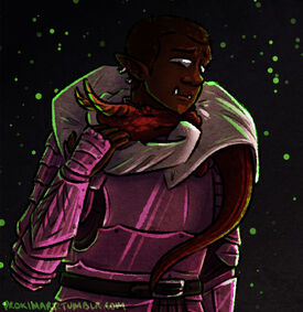 A digital drawing of Azu and Skraak. Azu, a black orc, is in pink full plate armor. She is frowning while looking down at Skraak, a red kobold in a trenchcoat. He is curled around Azu’s neck like a scarf. His face is nestled under her chin. She has her right hand gently resting on his neck. The background is black, with lime green dots highlighting the two of them.