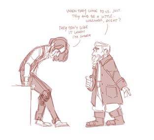 A digital drawing of Wilde and Zolf. Wilde, a human male, is sitting on the side of a desk. He is hunched over and looking at the floor, his hair is cascading over his face. Zolf, a dwarven male, is standing up straight in front of him. His one arm is pointing backwards. A speech bubble from Zolf reads: Whey they come to us just try and be a little warmer, right? a speech bubble from Wilde reads: they don't like it when i'm warm.