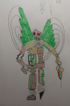 A pencil drawing of the pipe organ monster from rusty quill gaming. it is made of sheets of metal, wood panels, metal pipes and wires, with green liquid flowing throughout its body. coming out of its back are several organ pipes, filled with green liquid. below its head is a blue brain