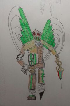 A pencil drawing of the pipe organ monster from rusty quill gaming. it is made of sheets of metal, wood panels, metal pipes and wires, with green liquid flowing throughout its body