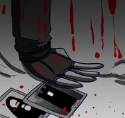 A greyscale image of Howard Carter's forearm and hand, lifeless. There is blood dripping down his clothes and in the background, and two tarot cards lay on the ground where his hand is.