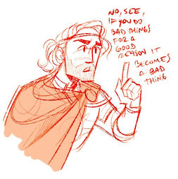 A digital sketch of Edward Keystone, a white human man with waving chin-length hair and stubble, wearing a headband and a cloak. He is holding up one finger and explaining seriously: “no, see, if you do bad things for a good reason it becomes a bad thing.” The sketch is drawn in orange.