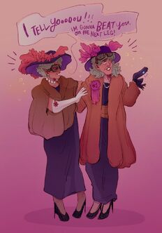 Doris and Sandra, two female elves, stand side by side. They each wear big flowery sun hats. Doris wears a pearl necklace with long white gloves, a short fur vest, an ankle length black dress with black heels. Sandra wears a small pearl necklace, black gloves, a long orange fur coat with a #1 ribbon pinned on the left side of it. She also wears a long ankle length black dress with black heels. There's a speech bubble from Doris that reads: I Tell yooooou!!! I'm gonna beat you on the next leg!