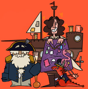 Digital art of Zolf, Wilde, and Earhart. Zolf is a dwarf man with a large white beard and shaggy white hair. He wears a naval hat and uniform that is significantly too big for him, and carries a large beer glass in one hand. Wilde is a human man with long curly brown hair and a scar running down his face. He’s wearing a costume of an airship on which is resting beer and wine glasses, as well as a purple bejewelled apron down his front. He’s smiling broadly. Earhart is in the body of Tadyka, a red kobold with small wings and a large tail. Earhart wears a naval shirt and pilot’s hat on which is resting a huge stuffed flamingo. She is smiling and holding a martini glass containing a blue liquid. The background is orange, and there are hearts surrounding Wilde’s face.