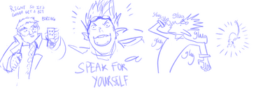 A digital four-panel comic, sketched in purple. In the first panel, Zolf, a dwarf man with a long beard and short hair, holds up a playing card and says: “right so it’s gonna get a bit boring.” There’s a close up on Cel, a non binary half-elf with spiky hair and goggles on their forehead, who says loudly “speak for yourself.” Cel then glugs down a potion. In the last panel, they are a rat.