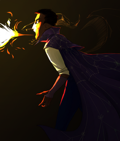 Digital fanart of Hamid breathing fire. He is an Egyptian halfling with black hair, wearing a white shirt and his purple robe embroidered with gold. He is leaning forward, one hand sharp with claws to his side, as flame bursts from his mouth. The lighting is dark and dramatic, and other hints of not-yet-existing dragon features are lightly drawn in gold against the dark background: an elongated snout with pointy teeth, long horns, and wings.