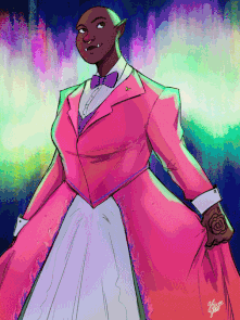 A gif of Hamid in Azu’s body. Azu is a Black bald orc woman with a nose ring and a rose tattoo on the back of one hand. She wears a hot pink ballgown style dress with purple accents. The top of the dress is a tuxedo, with a white button-down shirt, purple bow tie, a purple vest, and buttoned pink blazer lined with purple. The dress’s skirt is full-length with pink on either side, white down the middle, and purple lining that resembles flames. Hamid, in her body is holding the sides of the dress and looking up with a confident smile. The dark blue background has multicoloured lights that extend from Azu’s body like wings; the gif has the wings become brighter and more yellow and then recede, in a loop.