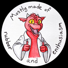 A scanned drawing of a red kobold in a lab coat. They are sticking both their hands out in front of them. Each hand is giving a thumbs up. Their mouth is open in a wide smile, showing a row of sharp teeth. They have yellow eyes and white horns. They are inside a white circle and around them, starting at the top and going left, is text that reads “mostly made of rubber and enthusiasm”.