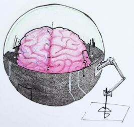 Traditional coloured art of Shoin’s brain in its orb. The brain is pink, but the left side is covered in blue veins. Across the middle line of the brain are pins. The orb has black and grey glyphs on it, and the bottom half of the orb is black. Attached to the orb is a mechanical hand that is holding a pen. The pen is drawing a picture of a sailboat on a small piece of white paper. The background is white.
