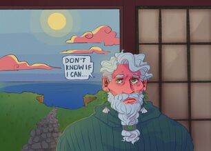 A digital drawing of Zolf, a white dwarven man with short white hair and a white braided beard. Behind him is a seaside cliff with the sun overhead. He is wearing a green turtle neck sweater. He is crying. A speech bubble from him reads: Don't know if i can...