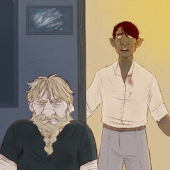 A digital drawing of Zolf, a white dwarven male, and Hamid, a brown halfling male. In front is Zolf, who is wearing a black shirt. His eyes are closed and his mouth is open in a grimace. His shoulder and tense. Behind him is Hamid, who is wearing a white button down shirt tucked into blue pants. His eyebrows knitted together and upwards. His mouth is open and in a frown. His arms are outstretched at his side.