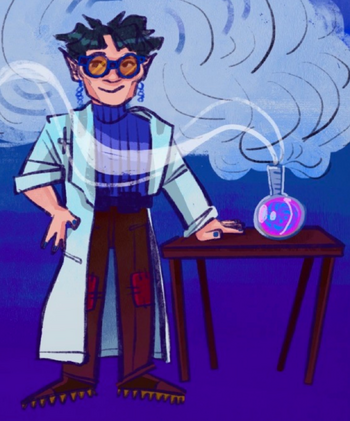 Jasper, a Japanese gnome with short black hair, wearing goggles, earrings, a blue turtleneck and brown patched pants under a long white lab coat. His nails are painted blue. He is smiling and has one hand on a small brown table. The table also bears a beaker of pink and purple liquid that is spurting forth large white clouds of gas.