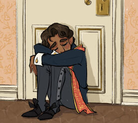 A digital drawing of Hamid. Hamid is a thin, brown skinned halfling man, with short, wavy brown hair. He’s wearing a navy suit and dress pants. He’s sitting with his back against a door, his knees drawn up to his chest. He’s crying. The door he’s sitting against is white, and the wallpaper surrounding it is generically floral.