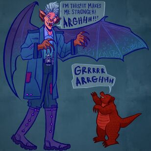 A digital drawing of Cel and Skraak. To the left of the viewer is Cel, a half-elf. They are wearing a blue blue shirt with a blue coat, along with green pants and purple knee-high boots. They currently have the face of a bat, with pointed fangs and a leaf nose. Their hands are clawed and they have bat wings spread behind them. A speech bubble coming from their face reads “I’m this! It makes me stronger! Arghhh!!!” Below them and to the right of the viewer is Skraak, a small red kobold. His clawed hands are flapping up towards Cel and he is looking at them. There’s a speech bubble that reads “Grrrrr Arrghhh” The background is a dark teal.