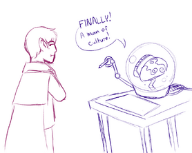 A digital sketch of Hamid and Shoin’s brain. To the left, Hamid, a halfling, is outlined in red, back facing the viewer with his arms crossed in front of him. He is looking behind him offscreen an unimpressed expression. To the right is Shoin’s brain. It is outlined in blue. It sits on top of a table inside a water filled orb that has a small mechanical arm attached to it. The arm is holding a pencil and there’s a sheet of paper in front of it also on the table. A speech bubble above the orb reads: “Finally! A man of culture!”