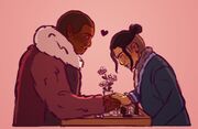 Digital art of Azu and Kiko on their date. Azu, a tall Black orc woman wearing a pink fuzzy coat, is smiling across a chessboard at Kiko, a pale human woman with brown hair tied up in a bun over their undercut. They are both holding hands, and Kiko is blushing.