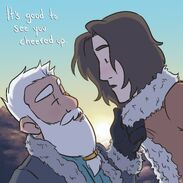 A digital drawing of Zolf, a white dwarven man with white hair and a white beard, and Wilde, a white human man with medium length brown hair. Zolf is wearing a grey fur lined coat with a blue sweater underneath and black gloves. He is holding the collar of Wilde’s coat and pulling him down towards him. He is looking up at Wilde. Wilde is wearing an orange fur lined coat. He is looking down at Zolf with a surprised expression on his face. Behind them is a sunrise and mountains. Text above them reads: It’s good to see you cheered up.