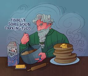 A digital drawing of Zolf, a white dwarven male. He is wearing a green knitted sweater. He has one eye closed and is looking down at the mixing bowl he is holding in is right hand. He is mixing with a whisk with his left. There's a carton of milk, a stick of butter, a roller, and a stack of pancakes on the table in front of him. There's words next to his head that read: Finally, some good f-ing food.