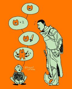 Digital art of young Howard Carter showing Azu his drawings. He is a small boy with short hair, crouched on the ground and looking up at Azu, a Black orc in armour who looks down at him with interest. There are four speech bubbles coming out of Carter's mouth; the first is a bear, the second is a bear "x2", the third is a bear with a dagger looking angry, and the fourth is a six-armed bear, standing on its hind legs and brandishing four daggers "x2".