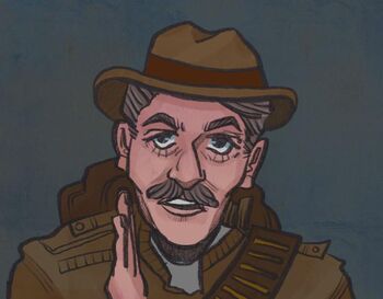 Carter, shown from the shoulders up. He is a middle-aged white man with grey hair and a grey handlebar moustache. He wears a brown hat, tomb raiding clothes, and a backpack. He’s holding a hand up to his mouth to whisper something.