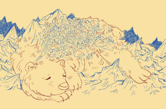 A digital sketch of the Ursans bear done in blue and brown colouring on a yellow background. The bear is massive and an entire city is built on its back. It lies sleepily across a large mountain range with a content look on its face.