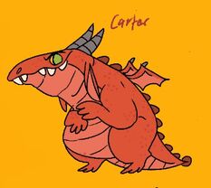 Coloured digital art of Carter in Natun’s body. Natun is a red kobold with a large belly and small wings. Carter looks devious. The background is yellow.
