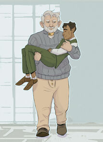 A digital Drawing of Zolf and Hamid. Zolf, a white Dwarven male has white hair and a white beard. He is wearing a grey knitted sweater and tan pants. He is looking down at Hamid, who he is carrying in his arms. Hamid is wearing a green vest with green pants and a long white sleeved shirt. He is sleeping in Zolf's arm with a smile on his face.