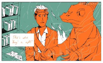 Digital, two-tone (blue background, orange characters) lineart of Cel Sidebottom talking with Sassraa. Cel is a tall half-elf with white hair, and they are wearing a long coat. They look distressed and conflicted as they look at Sassraa, saying "that's what 'being' is, right?'. Sassraa is a tall kobold, holding a beaker, wearing a lab coat, and not looking at Cel. They look unhappy.