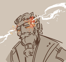 A digital drawing of Zolf, a dwarven male with short hair and a braided beard. His eyes are closed and he is looking down. On either side of his temple are sharp, red bloodlike marks. There's a trail of white smoke coming out of both ends.