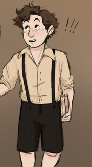A coloured drawing of Howard Carter as a little kid, wearing dark short trousers with suspenders and a beige shirt. In his left hand he carries a couple of books, pressed against his side. He has short, brown messy hair and he is looking up and right, with an excited and happy expression, eyes wide open and a little smile.