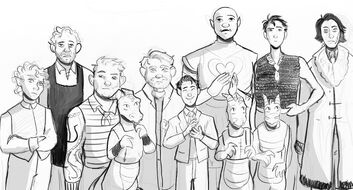 Black and white fanart of some of the crew of the Vengeance; they are looking at something in front of them. Earhart, on the left, is a gnome woman with chin-length wavy hair, wearing a vest over a formal shirt. Her arms are crossed and one eyebrow is raised in a judgmental expression. Next is Siggif, a human man with short light wavy hair and stubble, wearing a dark apron. He has a slightly apprehensive expression. Friedrich is next; he’s a dwarven man with short light hair and a short beard, and tattooed arms that are disproportionately long for his body. He wears a sailor shirt and watches with a neutral expression. A kobold stands in front of him, wearing a breastplate and arm bracers, looking with a neutral expression. Next is Zolf, a dwarven man with short light hair and a beard held in place with a circlet. He wears a long coat and a neutral expression. Hamid, next, is a halfling man with short dark hair, wearing a three-piece suit. He’s smiling broadly and clapping. Azu’s next: a bald orc woman wearing a suit of armour bearing a heart. She is smiling slightly and also clapping. In front of her are two kobolds, with similar outfits and expressions to the previous kobold. Next is Kiko, a human woman with short black hair, wearing a chainmail shirt. She has one hand on her hip and one eyebrow raised quizzically. Wilde is last; he’s a human man with chin-length dark hair, a scar down one cheek, and black circles under his. He wears a large fur coat and a neutral expression.