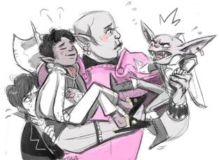 A drawing of Sasha, Hamid, Azu, and Grizzop. From left to right: Sasha, a human woman, is standing Azu, a orc woman. She is looking up and sweating. Hamid, a halfling male rests in the right arm of Azu. His eyes are closed and a small smile is on his face. Azu is holding Grizzop, a goblin male, in her left arm. She is looking at Grizzop, who's eyebrows are furrowed and his mouth is open showing sharp teeth. His right leg and arm are pushing off Azu.