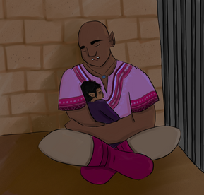 digital art of Hamid and Azu. Azu, a Black orc woman, is in a pink shirt and tan pants with pink boots. She is sitting on the ground and leaning on a cement wall. He eyes are closed like she is sleeping. In her arms she is holding Hamid, a brown male halfling. He is wearing a purple suit jacket. His eyes are closed as if he's sleeping. They two are inside a jail cell.
