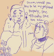 Digital art of Azu asking Kiko out. Azu is a tall Black orc woman wearing a fluffy coat, and she is blushing and looking to the right with her hand over her mouth as she says "So, um, would you like to be my girlfriend properly, like, officially, like, you know". Kiko is a human woman with her hair in a bun, also wearing a coat, and she's blushing and looking at Azu with a fond smile on her face.