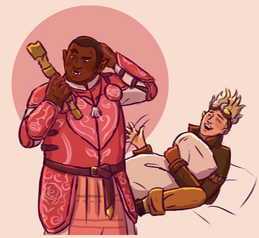 Digital art of Azu and Cel sitting in a hotel room after Azu has trashed it. Azu, a Black orc woman in pink armour, is standing and holding a broken object, scratching her head and staring at it confusedly. Cel, a pale half-elf, is sitting on the bed and laughing as they hug a pillow.