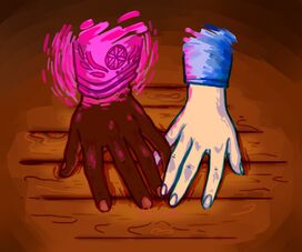 Art of Azu and Kiko's hands brushing. The art only shows their hands, with their arms fading into broad brush strokes instead of being connected. Azu is Black, and is wearing her bright pink Aphrodite armour, which shines. Kiko is paler, wearing a blue jacket. Azu's pinky links over Kiko's. The background of the piece is the wooden bench of the antimagic cage that Azu and Kiko have sat on together.