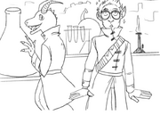 Black and white lineart of Sassraa and Cel standing in a workshop. Sassraa is a tall kobold, looking larger than she does in real life; they are wearing a lab coat and are half turned around, waving to Cel and smiling. Cel is a tall half-elf, wearing a long coat with a bandolier and goggles, and they are looking up in awe at the rest of the workshop, There are random bottles and other accoutrement in the background.