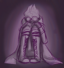 A purple-toned digital sketch of Cel Sidebottom, a non binary half elf sitting with their knees to their chest in despair. They bury their head in their knees, leaving only their light, spiky hair visible. They are wearing a long coat, a pair of calf-length lace-up boots and a pair of lab goggles on their head. The background is purple with a light spot behind where they sit fading outwards radially.